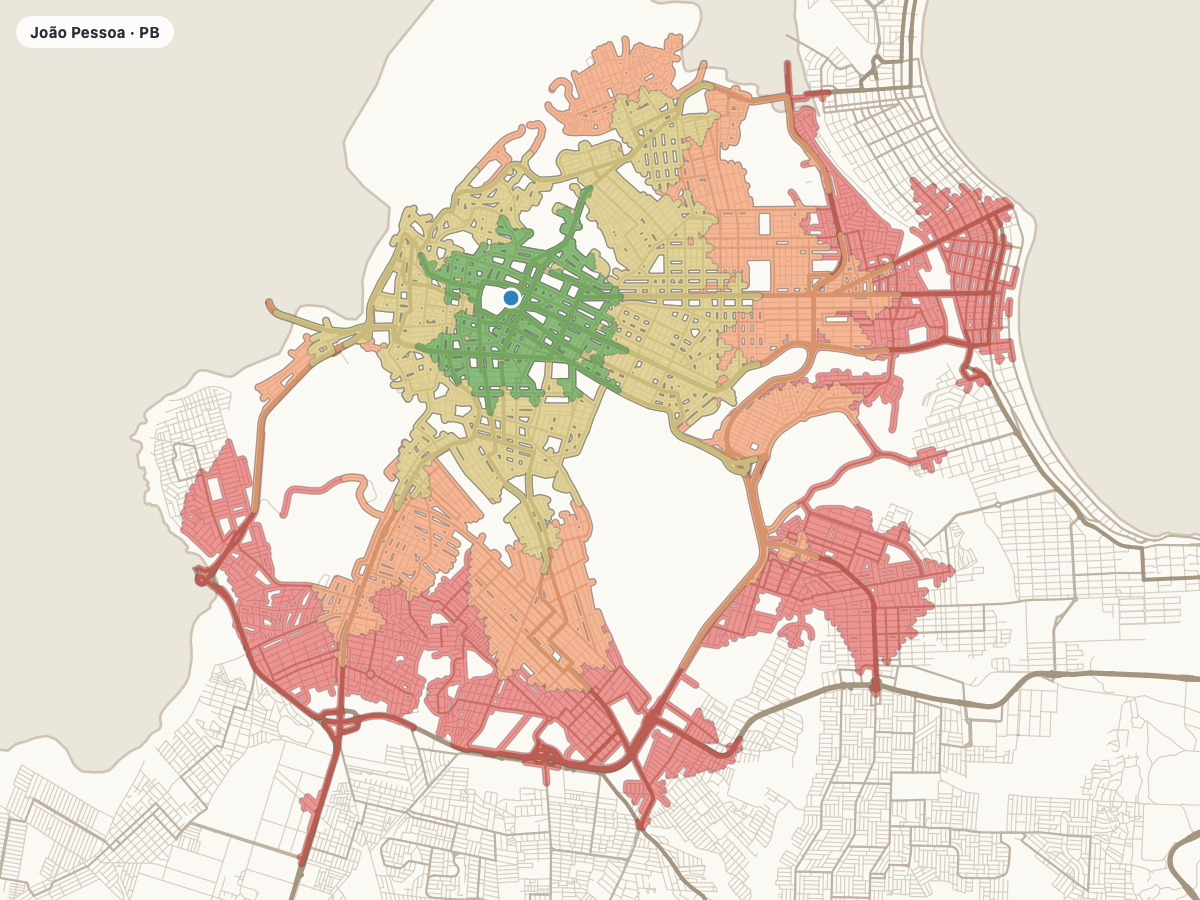 Mapa de João Pessoa, Brasil, con isócronas en auto de 2, 4, 6 y 8 minutos, del verde (cerca) al rojo (lejos)