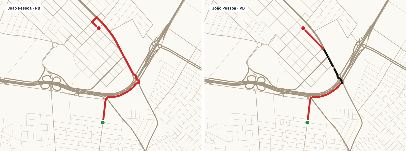 Dos mapas del mismo trayecto: a la izquierda la ruta en auto sigue el sentido de las calles y es más larga; a la derecha, ignorándolo, es más corta pero usa un tramo a contramano, punteado en negro