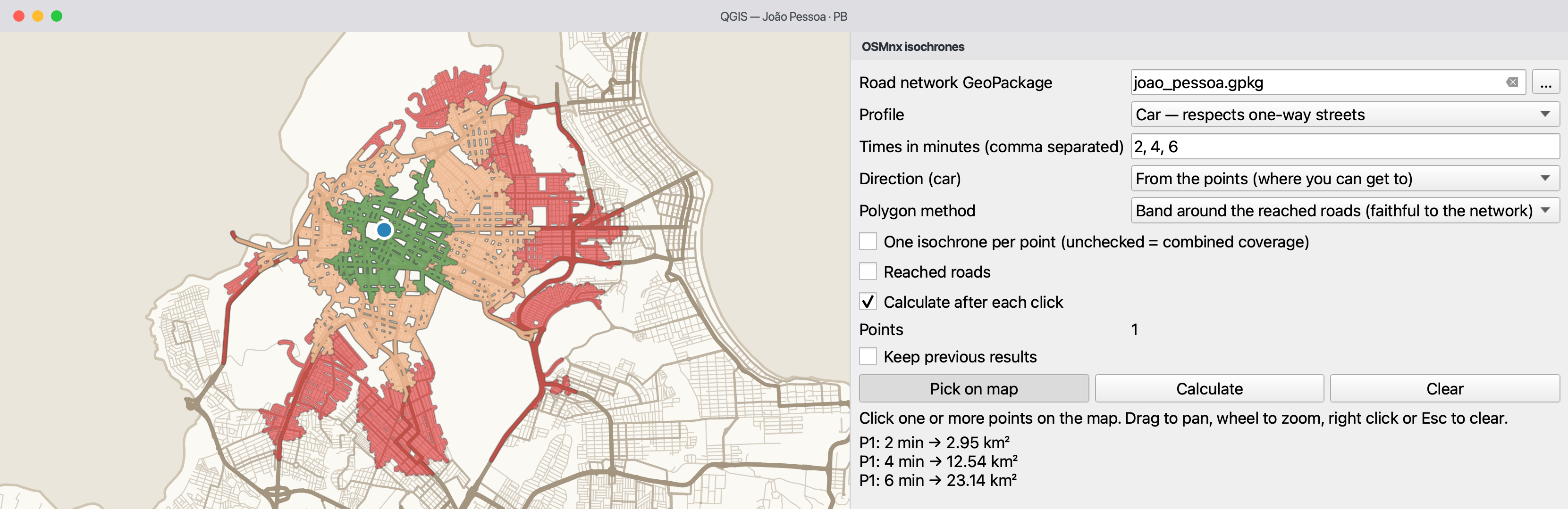 The isochrone panel: times, direction, method and the area of each band.