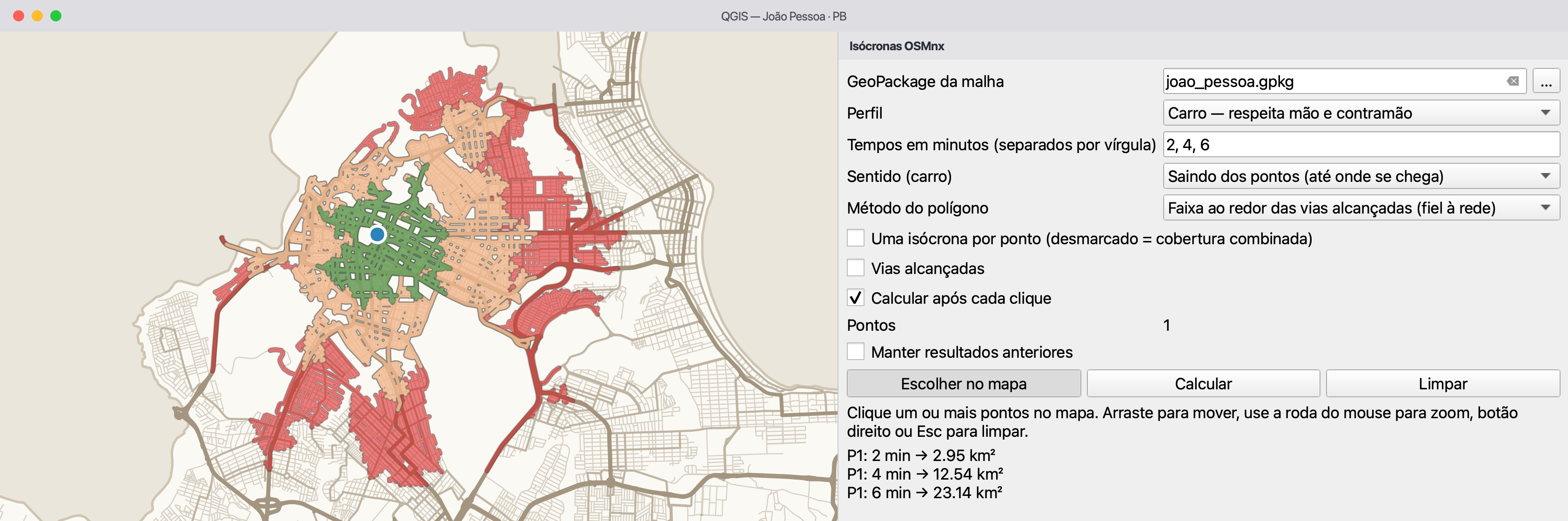 O painel de isócronas: tempos, sentido, método e a área de cada faixa.