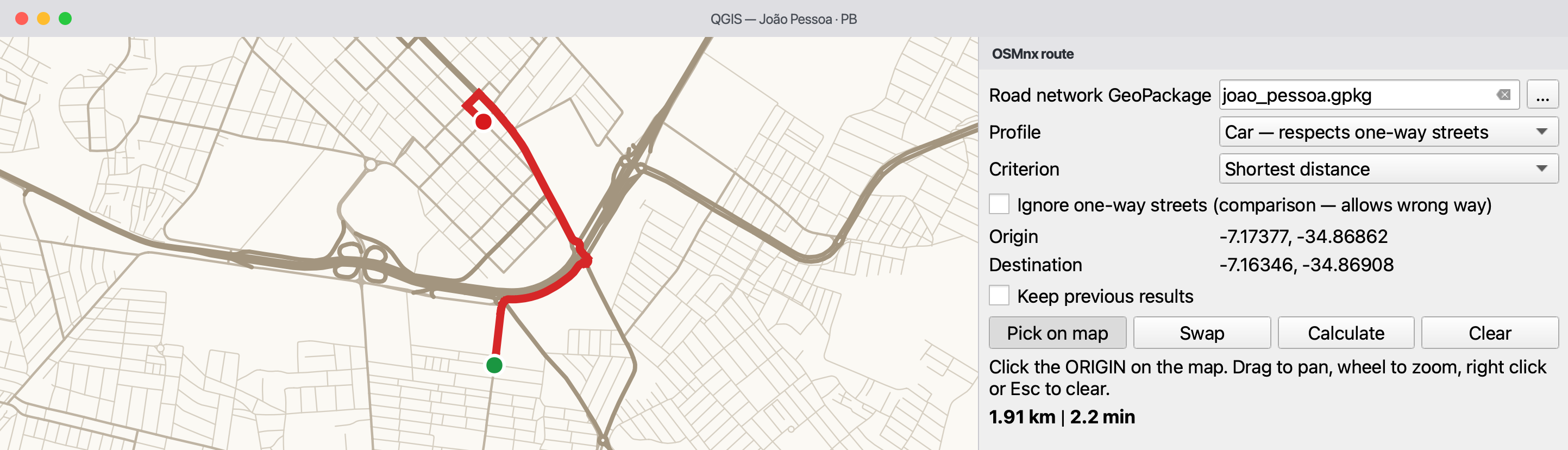 The route panel next to the map, with the distance and the estimated time.