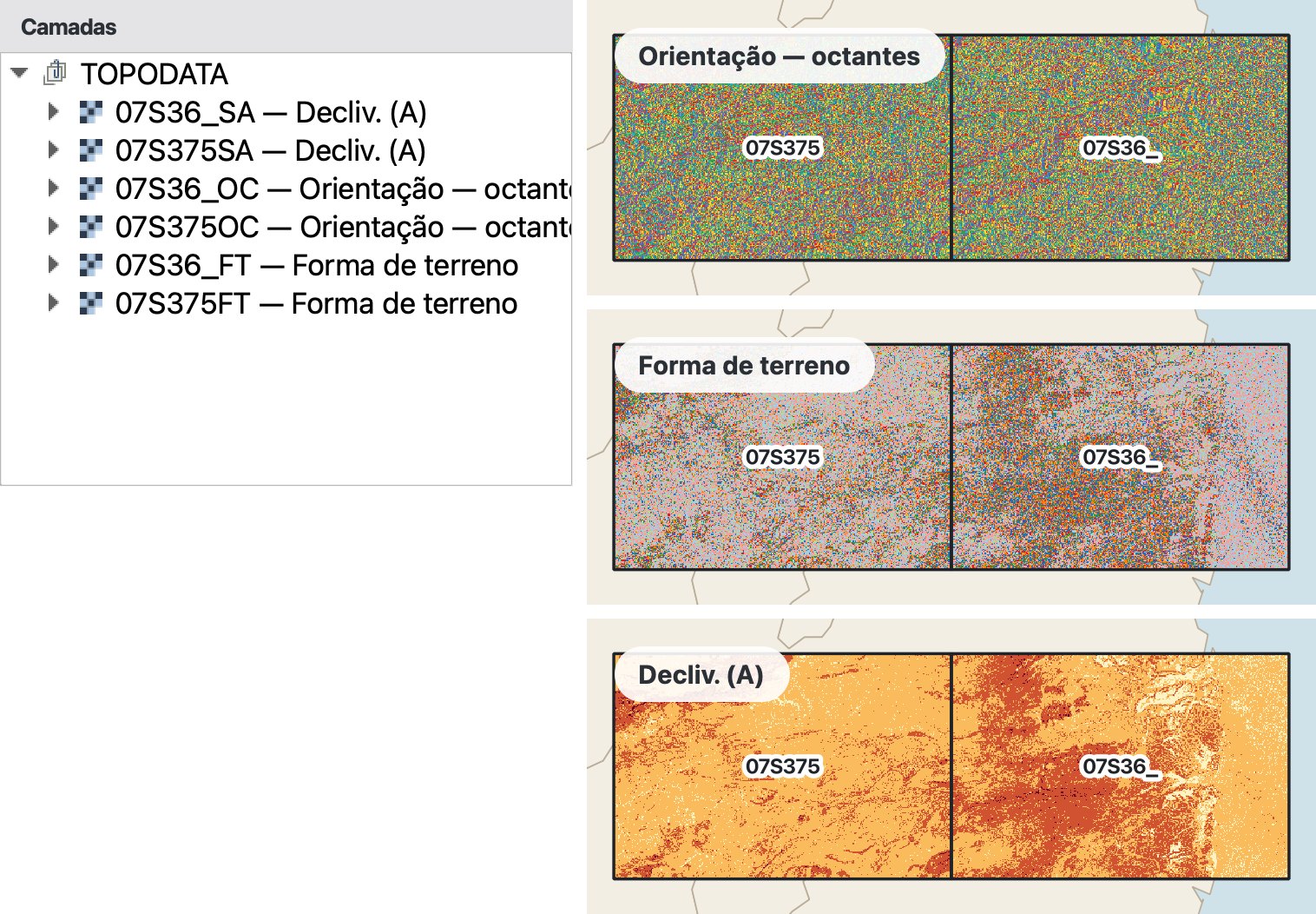 Painel de camadas do QGIS com o grupo TOPODATA e seis camadas, duas por produto; ao lado, as duas folhas de cada produto lado a lado no mapa, cada uma uma camada própria, com cores por classe